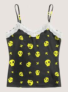 Shutterstock 黑色和霓虹绿、撞色、骷髅、卡通、万圣节、Y2K、街头服饰、休闲 Y2K 蕾丝边女式吊带背心适合夏季、秋季、度假、聚会、派对、日常穿着外出上衣 - 黑色 - 查看 5