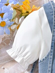 SHEIN Vestido de camisa de manga abullonada y dobladillo con ribete de volantes y bolsa 2 en 1 para niñas preadolescentes - Blanco - Ver 3