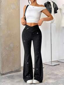 SHEIN EZwear High Waist Flared Shiny Stretchy Knit Black Long Flare Pants, Suitable For Vacation, Outing, Date, Party, Casual Daily Wear, Plus Size - Black - View 4