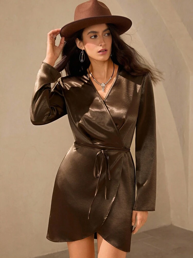 shein brown satin dress LUNE Women's Elegant Rich Wrap Mini Dress,Autumn Long Sleeve Chic Formal Evening For Party,Wedding Guest & Date,Bronze Dress KAFTANS GLS by Gloria GL3736 Color:Emerald Green*