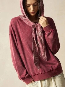 Bohemela Boho Paisley Print Hooded Casual Solid Color Washed Knit Sweatshirt For Women In Fall/Winter - Red - View 1