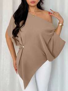 Rafferiza Elegant, Daily Casual And Versatile, Sexy Oblique Shoulder, Asymmetrical Design, Dropped Shoulder Sleeves, Waist Pleats, Green Women's Spring And Summer Tops, Shirts, Asymmetrical Shoulder Tops - Khaki - View 5