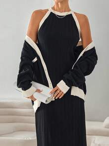 EURMUSE Black & Cream Contrast Ribbed Knit Set – Gold Button V-Neck Cardigan Paired With Matching Sleeveless Bodycon Dress - Black - View 7