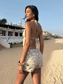 Opulessa 女士亮片垂褶领露背性感时尚吊带上衣，适合节日、海滩、时尚场合，闪亮登场，休闲女装风格，音乐会、派对、夜店、秋季时尚、外出、优雅性感派对约会之夜等场合。 - 彩色 - 查看 7