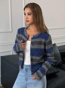 Áo len cardigan dài tay kẻ sọc dành cho nữ, mùa thu - Màu xanh hải quân - Xem 4