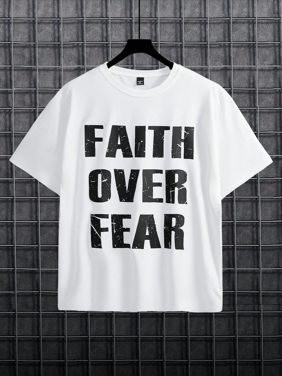 Manfinity Homme Plus Size Men's Summer Slogan Print Round Neck Short Sleeve Casual Versatile T-Shirt - White - View 1