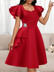 SHEIN Lady Vestido de verano elegante de mujer con volantes y adornos de strass en la cintura - Rojo - Ver 7