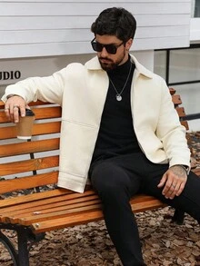 Manfinity Homme Men's Solid Color Long Sleeve Zip-Up Casual Loose Jacket , Fall - White - View 4