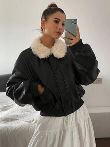 DAZY Damen Gepolsterter Mantel, PU Patchwork Oversized Flauschiger Kragen, Locker Sitzender Kurzer Stil, Thermisch Gefüttert, Verdickt, Motorrad Pilotenjacke Mit Fellkragen, Süß & Cool, Herbst/Winter