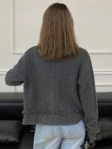 DAZY 女式纯色流苏修身长袖 V 领休闲复古毛衣开衫，秋季 - 灰色 - 查看 2