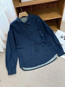 DAZY 女式西式纯色系带宽松翻领长袖休闲牛仔衬衫，春夏季 - 藍色 - 查看 9