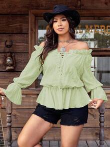 SHEIN LUNE 大码女式休闲度假风格纯色露肩前系带荷叶边袖荷叶边上衣，春秋季