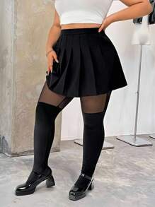 SHEIN EZwear 女士加大码、情人节、情人节长袜、加大码黑色紧身裤、防滑大腿高筒袜、黑色网眼拼布紧身裤休闲日常穿着、简约时尚、春夏装 - 黑色 - 查看 3