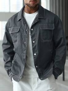 Manfinity Homme 男士休闲宽松单排扣口袋夹克，秋季 - 深灰色 - 查看 4