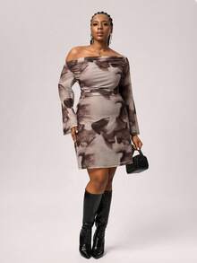 SHEIN Tall CURVE Große Größen Herbst sexy süßes braunes Farbverlaufsmuster Mesh-Muster Off-Shoulder gerafftes ausgestelltes Langarm-Minikleid, Geburtstagskleider für Frauen - Verschiedenfarbig - Übersicht 5