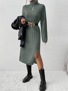 EURMUSE Women's Casual Solid Color Turtleneck Slit Knitted Sweater Dress, Autumn/Winter