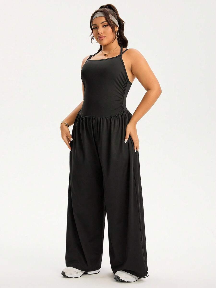 Rhythm Era Plus Size Women Adjustable Straps Loose Straight Leg Jumpsuit, Casual Sports Wear For Daily Plus Size Jumpsuit Black Jumpsuit For Women Wide Leg Jumpsuit Tummy Control Jumpsuit Plus Size Black Jumpsuit Plus Size Wide Leg Jumpsuit Plus Size Wide Leg Pants Jumpsuit - Black - View 1