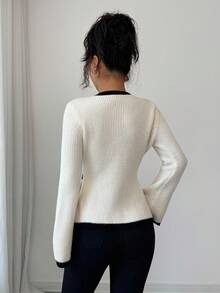 Selianne Women's Elegant Round Neck Front Button Design Contrast Color Sweater Fall Winter Cloth For Women - Black and White - View 2