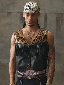 AXEPEAK Men's Leopard Print Patchwork Fringe Design Fashionable Vest, Fall Winter - Multicolor - View 3