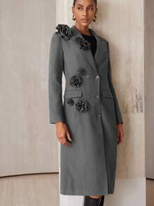 Aveloria Modichic Fashionable Versatile Commuter High-End Elaborate 3D Floral Design Long Lapel Blazer For Women, Regular Fit Holiday Party Clothes  - Dark Grey - View 3