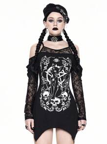 ROMWE Váy ngắn tay dài in hình đầu lâu mèo Gothic, viền bất đối xứng, dây trễ vai, ren tương phản, màu đen, phong cách Halloween - màu đen - Xem 7