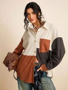 SHEIN LUNE Áo sơ mi rộng rãi màu sắc khối nhung retro giản dị cỡ lớn - Nhiều màu - Xem 4