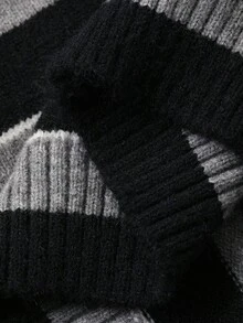 DAZY Contrast Stripe Off Shoulder Loose Long Sleeve Casual Street Knit Sweater For Women, Autumn/Winter - Black - View 7