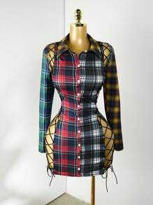 Mistrie 女式格子长袖单排扣镂空系带性感衬衫连衣裙 - 彩色 - 查看 6