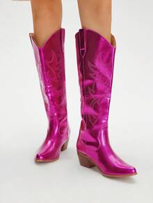 Styleloop Giày bốt cao bồi miền Tây màu đỏ tía, giày bốt cao đến giữa bắp chân thời trang dành cho nữ, thích hợp cho Giáng sinh, tiệc năm mới, đêm hẹn hò, Halloween - Màu Đỏ Sâu - Xem 6