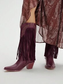 Styleloop CUCCOO Women's Pointed Toe Chunky Heel Fringe Studded Western Mid-Calf Boots - Burgundy - View 2