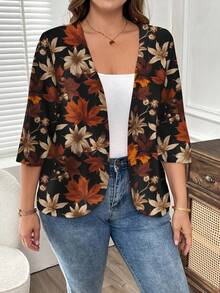 EMERY ROSE 复古树叶印花休闲简约宽松轻便夹克，适合大码女士，适合返校和教师节穿着 - 彩色 - 查看 4