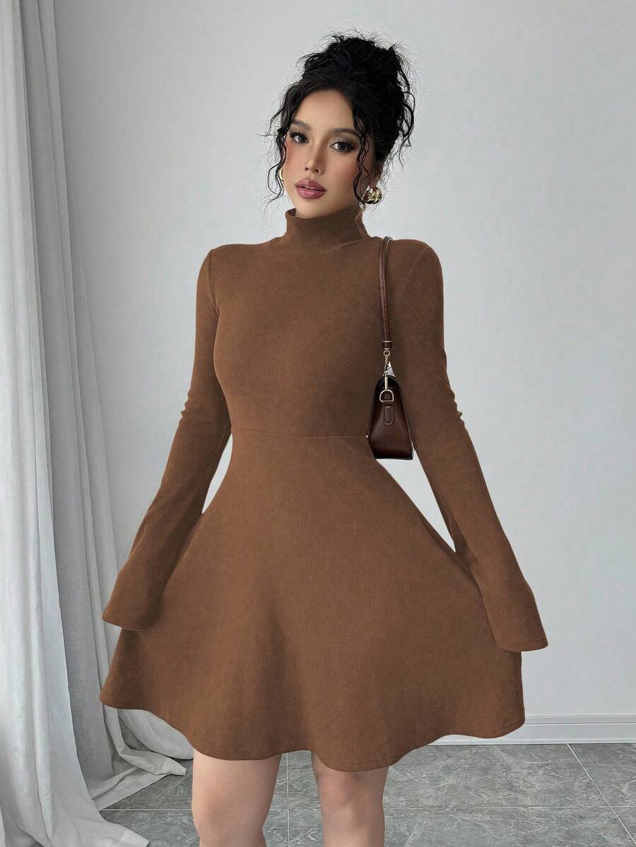 Elenzga Women's Casual Mid-Length Dress, Long Sleeve, 2 In 1, Faux Shirt Collar, Half-Placket, Patchwork Pockets, Cuffs & Hem, Color Block In Apricot & White, Autumn/Winter