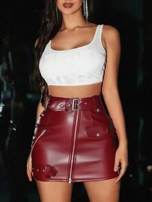 Allurite 女士时尚 PU 皮革拉链紧身迷你裙，夏季 - 紅色 - 查看 4