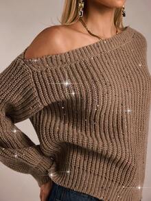 Avantive Mocha Brown Off The Shoulder Rhinestone Sweater For Women,Elegant Autumn Knitwear For Night Out,Y2K Western Style Boho Vintage Clubwear Top - Brown - View 8