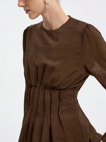 Aalyst Women's Elegant Minimalist High-End Casual, Vacation, Commute Comfortable Solid Color Tencel Cotton Blend Round Neck Waist Pleated A-Line Long Sleeve Blouse, Spring/Autumn/Winter Fall Cloth For Women