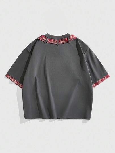 Prep Men's Plaid Bow Tie Loose Fit College T-Shirt, 2000s Style