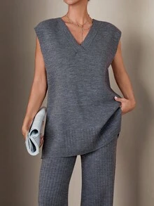 EURMUSE Minimalist Charcoal Knit Co-Ord Set – V-Neck Relaxed Fit Sweater & Ribbed Hem Pants,Winter Clothes Women,Winter Clothes,Autumn Outfits Women - Dark Grey - View 3