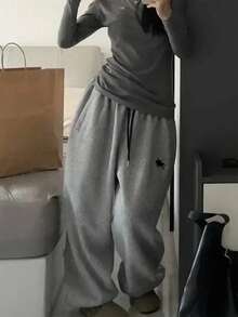 INAWLY 大码女式休闲时尚街头骑马图案抽绳腰斜口袋宽松阔腿运动裤