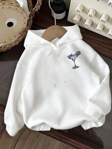 Attitoon Casual Minimalist Cocktail & Letter Print Loose Fit Thick Sweatshirt For Women, Suitable For Street Style, Outdoor Wear, Autumn/Winter, Fall - White - View 7