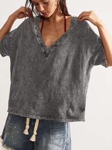 Bohemela Áo thun nữ tay ngắn dệt kim màu trơn rộng rãi, giặt thoải mái - Xám - Xem 7