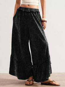 Bohemela Women's Casual Solid Color Knit Loose Wide-Leg Washed Pants