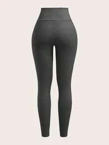 SHEIN EZwear 女士休闲纯色高腰紧身裤 - 深灰色 - 查看 8