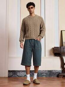 SWAVVY 男士时尚休闲粗线花纹圆领长袖毛衣，秋季，秋冬 - 卡其色 - 查看 4