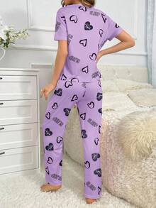 女士心形图案圆领短袖休闲上衣和裤子睡衣套装紫色睡衣套装薰衣草睡衣套装女士睡衣套装2件套睡衣套装可爱睡衣套装 - 彩色 - 查看 2