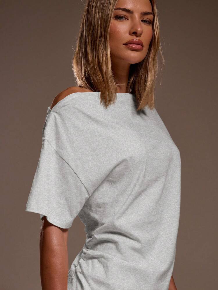 MUSERA Boat Neck Draped Ruched Side Top Ibiza Fits Holiday Vacation Sexy Beach Romantic Elegant Occasion Birthday Boho Rafia Fall  Elegant Summer Spring - Grey - View 7