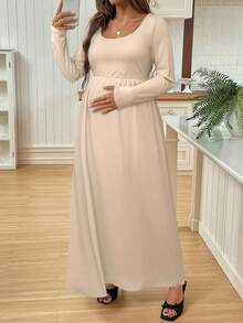 SHEIN Vestido de maternidad de unicolor con drapeado para otoño - Albaricoque - Ver 5
