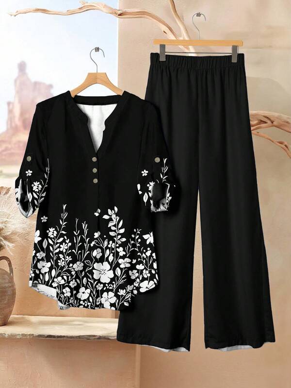 EMERY ROSE 2pcs/Set Women Casual Floral Print Short Sleeve Top And Loose Pants Suit, Suitable For Autumn/Summer Plus Size Pants Set Women Plus Clothing 2 Pieces Summer Pants Sets For Women 2pcs Set Women Plus Floral Pants Set Plus Size,Casual
