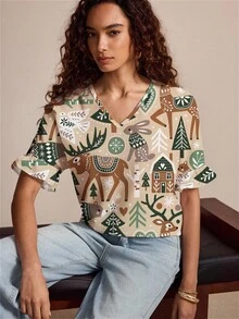 Shutterstock Glamance Women's Deer & Rabbit Print V-Neck Batwing Short Sleeve Casual Loose Shirt - Multicolor - View 4