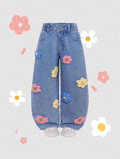 SHEIN Playful Pals Denimly Young Girls Vintage Vacation Casual Urban Light Wash Dopamine Color Handmade 3D Crochet Straight Leg Jeans With Elastic Waistband And Button Closure Fall Winter