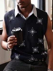 Manfinity EMRG Men's Snowflake Pattern V-Neck Casual Knitted Vest, Autumn - Multicolor - View 5